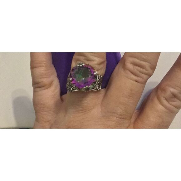 WOW~12.5 Ct. Round Mystic Topal Bold Floral Design Ring~925SS~Sz 9 - Picture 5 of 7